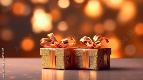 Christmas banner with glowing giftboxes sparkling bokeh, minimal style, copy space