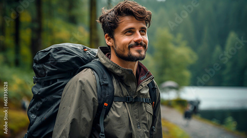 Young smiling man with backpack outdoors in nature taking a trip to the green mountains in winter