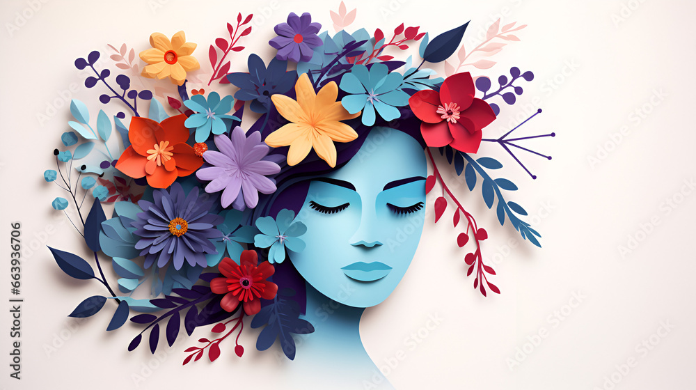 Paper-cut style illustration of a face intertwined with flowers, ideal for International Women's Day, complete with space for your message