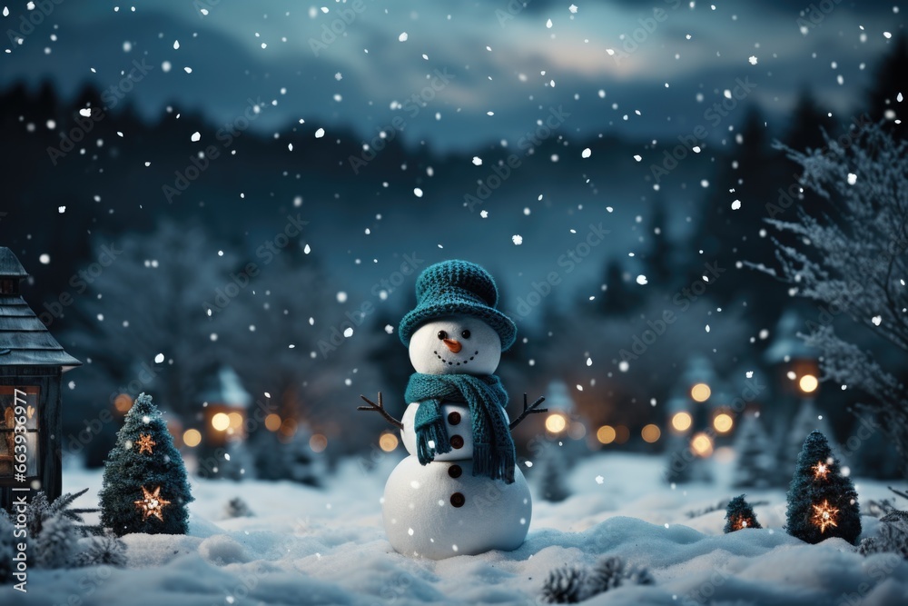 Fototapeta premium Snowman with blue woolen scarf and hat stands under snowfall, Merry Christmas background