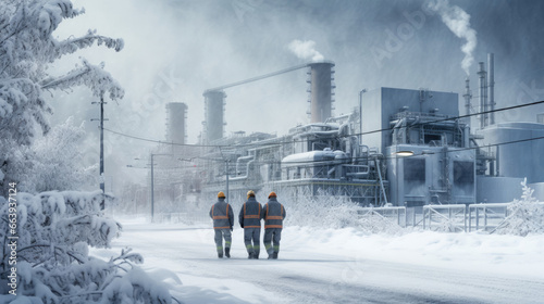 Workers at a power plant during a winter snowstorm,  braving the cold photo