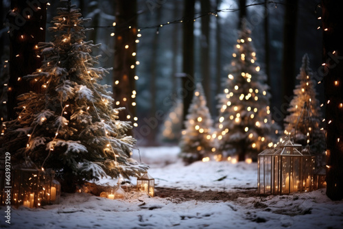 Winter forest background. Christmas trees decorated with garland lights