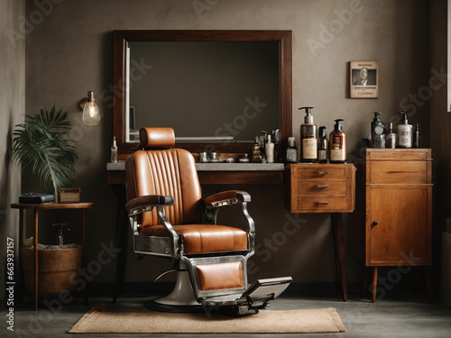 Barber shop interior with a wooden grooming cabinet, vintage razor, and grooming products, against a concrete wall with an empty mirror. Classic barbershop setting