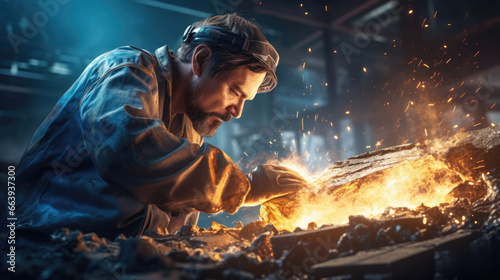 A foundry worker carefully inspects molten metal,  sparks flying photo