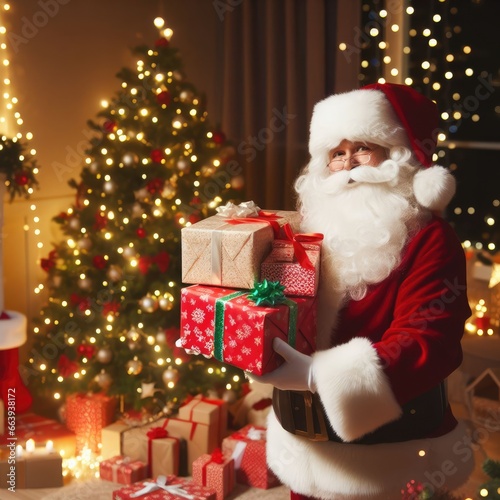 Santa claus leaving presents under a christmas tree.