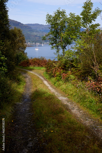 Lochside pathway by Loch Goil with Carrick Castle in the distance photo