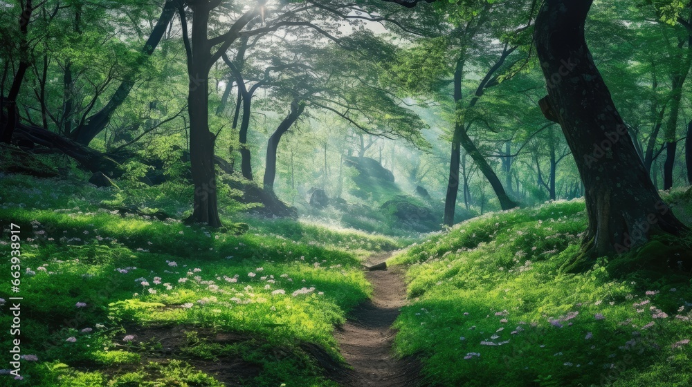 Fototapeta premium The magic forest game concept consists of grass and trees.
