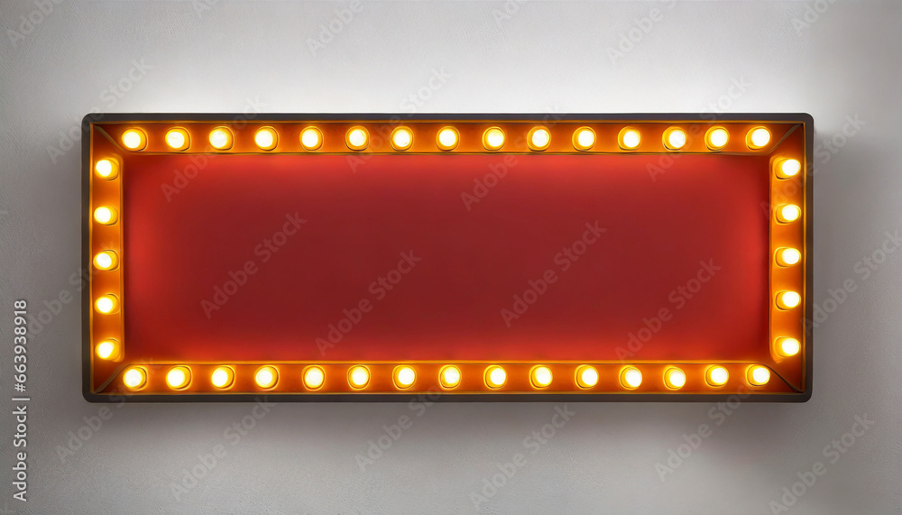 Red retro billboard lightbox or blank shining signboard with yellow glowing neon light bulbs isolated on white wall background with shadow