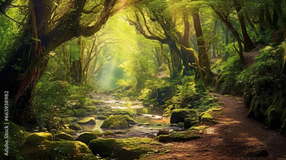 A view of a lush evergreen forest with green moss clinging to rocks and a stream flowing through it.