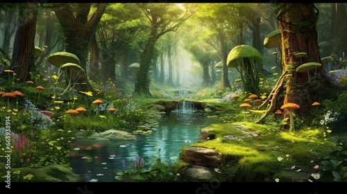 The magic forest game concept consists of grass and trees.