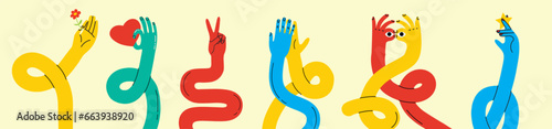 Cartoon stretched, flexible long hands abstract drawn comic vector illustrations. Set of Hand multicolored different signs and symbols. Drawing style Sticker decals. Retro Y2K.