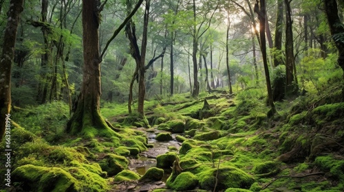 A view of a lush evergreen forest with green moss clinging to rocks and a stream flowing through it.