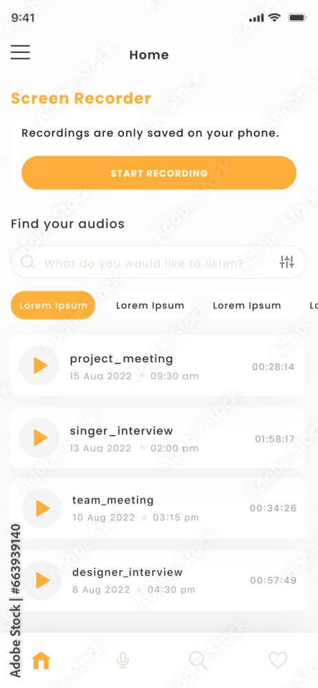 Voice, Sound and Audio Recorder Mobile App and Orange UI Kit Template
