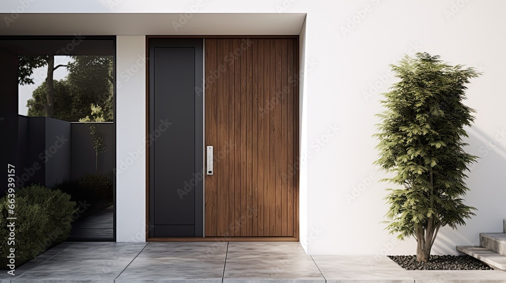 Fototapeta premium Clean entrance door by wooden with perfect matching white wall to make it homey. Generative AI Technology