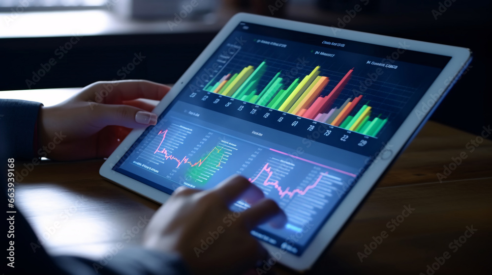 Close-up of businesswoman using digital tablet with financial chart on screen