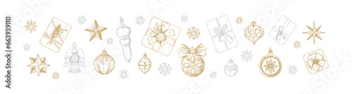 Set of luxury golden and silver Merry Christmas snd Happy New Year decoration. Christmas tree balls, angel figure, stars and gift boxes in sketch style. Design for greeting cards, certificates