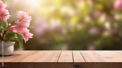 Empty Wooden surface for presentation with blurred garden and flowers background, mockup, Space for presentation product