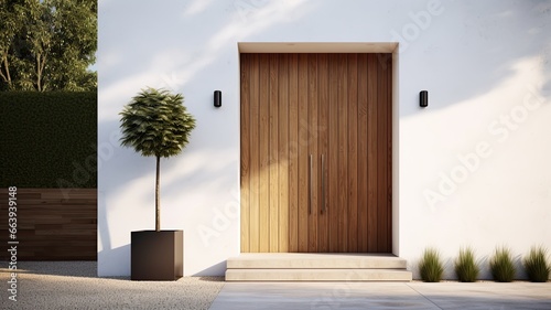 Clean entrance door by wooden with perfect matching white wall to make it homey. Generative AI Technology 