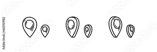 Set of doodle location pin icons in different dimensions. Hand drawn sketch gps location marker. Travel navigation pointer. Turned road mark