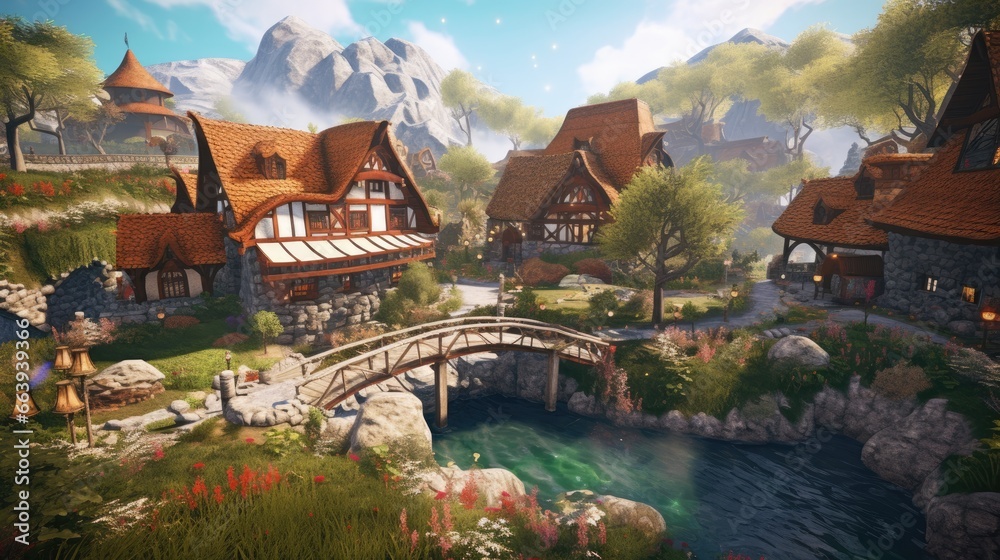 Obraz premium Landscape concept game fantasy village It is in the middle of a valley that looks flowing and magical.