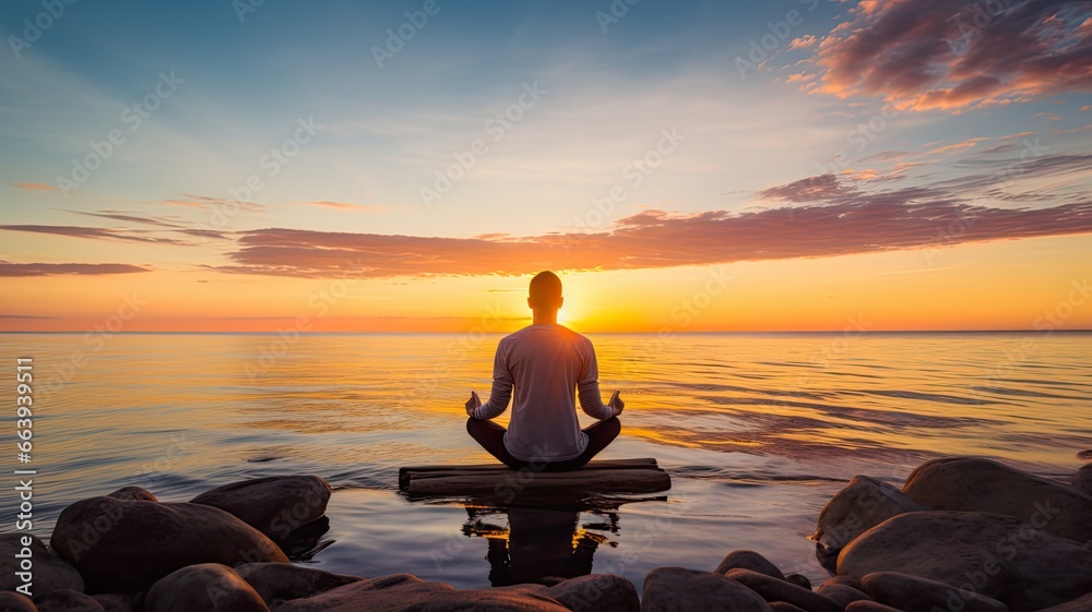 An image of someone practicing mindfulness, meditation, or relaxation exercises, emphasizing the importance of mental fitness in conjunction with physical fitness - obrazy, fototapety, plakaty 