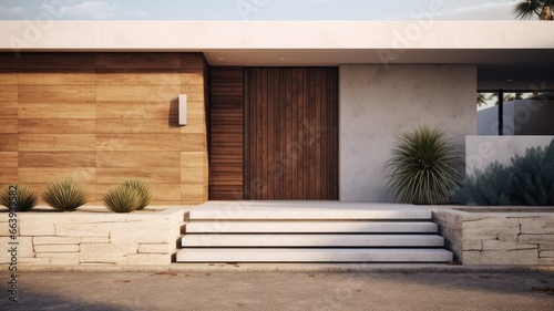 Clean entrance door by wooden with perfect matching white wall to make it homey. Generative AI Technology 