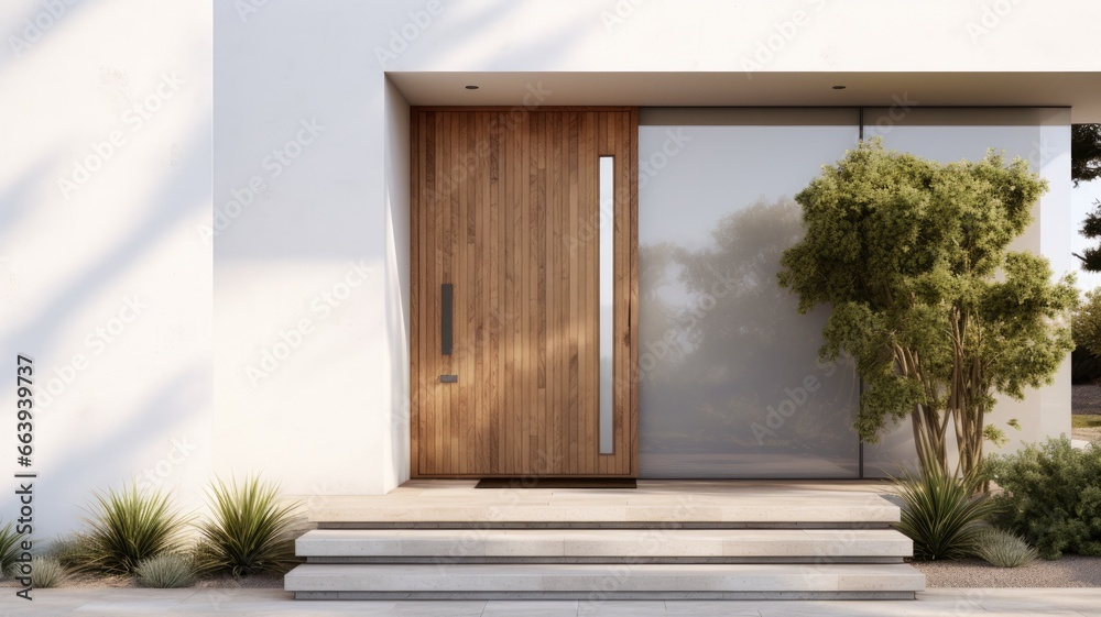 Fototapeta premium Clean entrance door by wooden with perfect matching white wall to make it homey. Generative AI Technology 