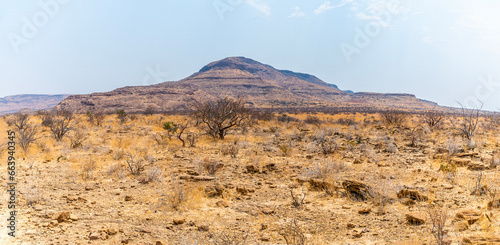 A view over the dry arid landscape near Khorixas in Namibia during the dry season