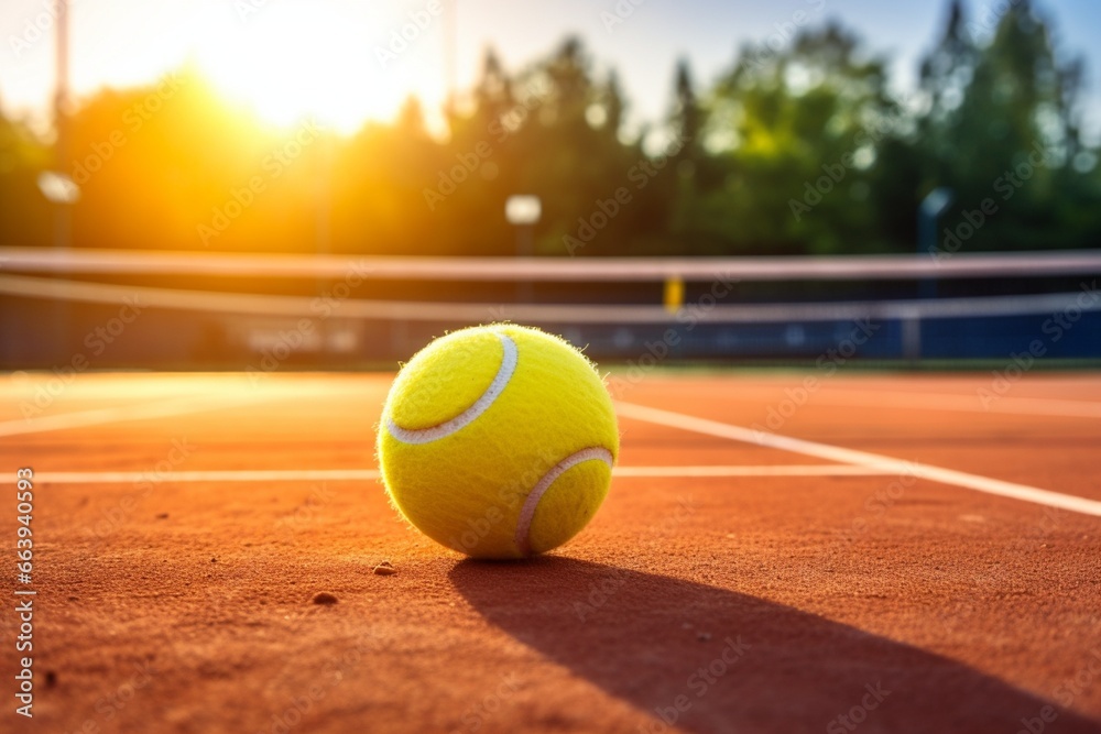 A tennis ball on a vibrant tennis court