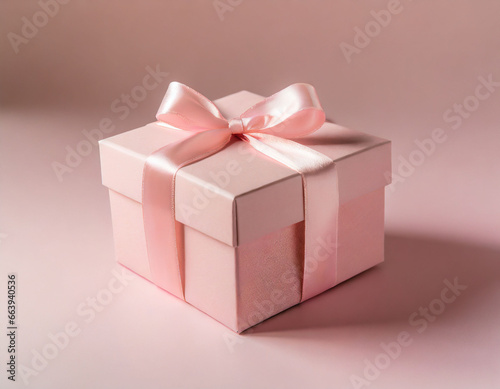 Minimal pink pastel color gift box or present box with pink ribbon bow isolated on light pink background with empty space minimalist conceptual