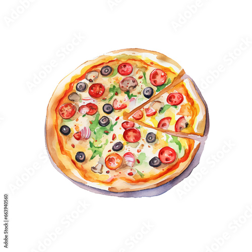 Hand drawn slice of pizza. Watercolor sketch isolated on white background. Vector illustration for food design.