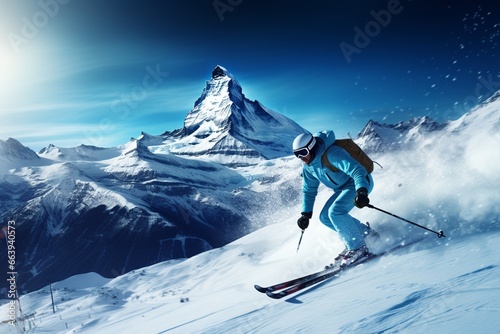 A man skiing down a snow-covered slope photo