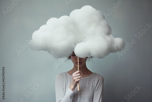 A sad woman hidden behind a cloud, concept of loneliness and depression photo