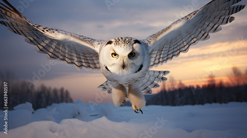 Snow owl in flight towards camera under twilight