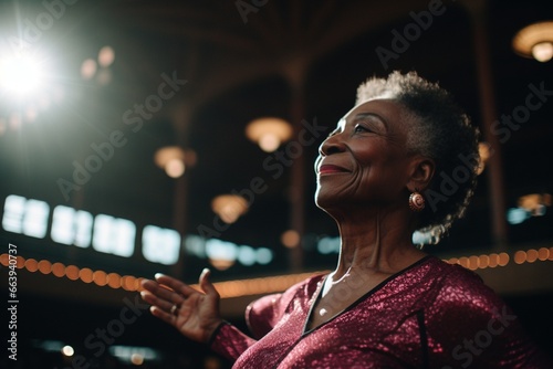 a happy older Afro-American woman getting ready to sing
