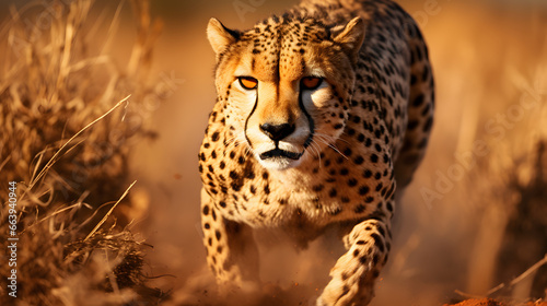 Cheetah in agile mid-hunt sprint against savanna backdrop