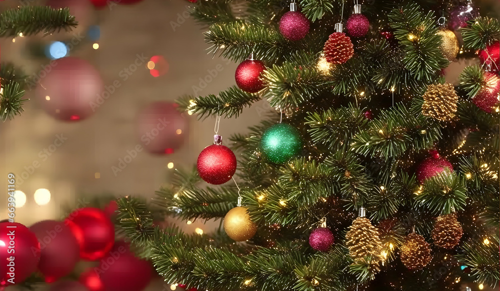 Christmas tree with red and gold baubles and lights on blurred background