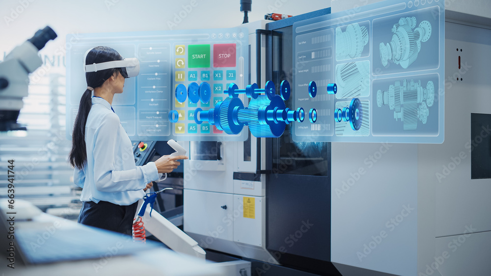 Professional Research and Development Specialist Wearing a Virtual Reality Headset, Managing Settings on an Industrial Machine at a Factory Facility. Digital Hologram Showing Mechanism in Action - obrazy, fototapety, plakaty 
