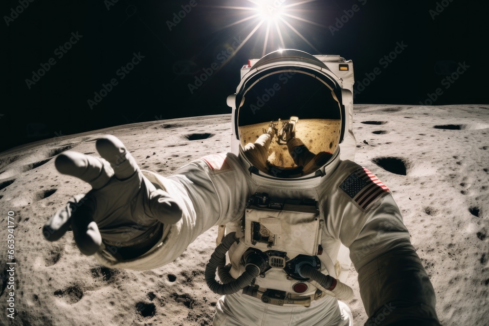 Astronaut in his space suit taking a selfie on the moon. Space photography. Generative ai - obrazy, fototapety, plakaty 