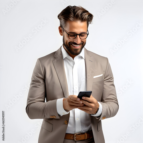 Portrait of a businessman with Smartphone, created by generative AI technology
