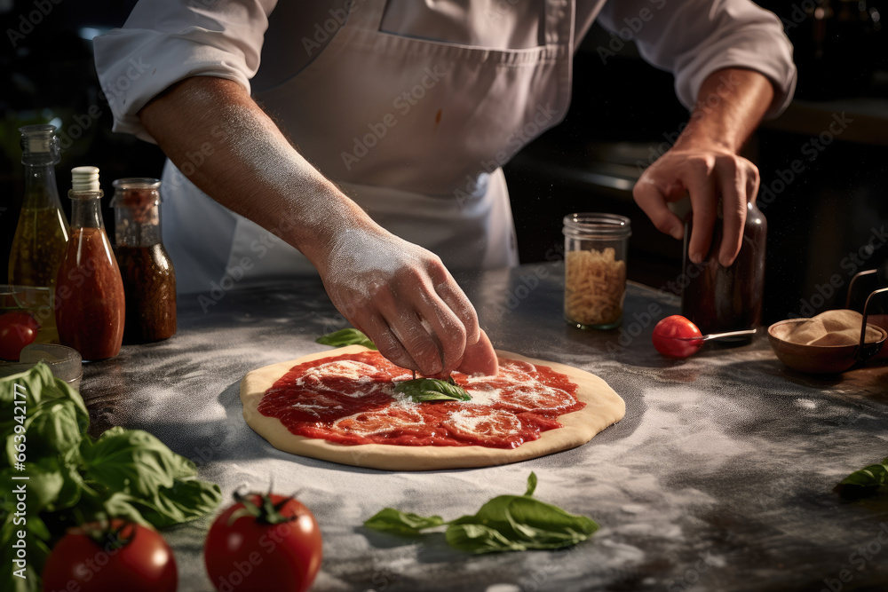 chef spreading tomato sauce on dough while preparing pizza