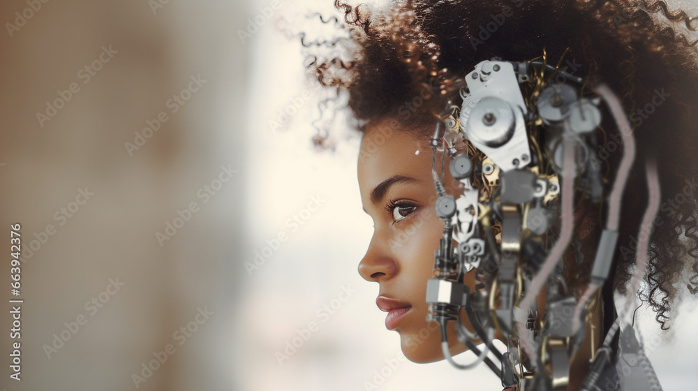a partly or half-robot woman, futuristic or humanoid android artificial intelligence, mechanical metallic body parts, young, beautiful a partly or half-robot woman, futuristic or humanoid android artificial intelligence, mechanical metallic body parts, young, beautiful