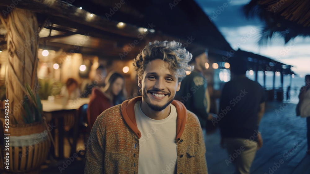 young, smiling man with curly hair and a beard in a good mood,enjoying a social gathering or a party. The man is wearing a sweater and is surrounded by other people young, smiling man with curly hair and a beard in a good mood,enjoying a social gathering or a party. The man is wearing a sweater and is surrounded by other people