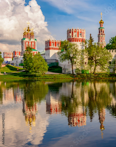 Novodevichy Convent (New maiden's monastery) reflected in pond, Moscow, Russia