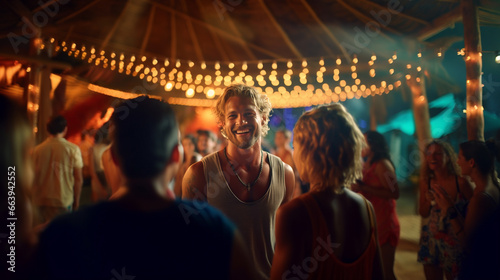 young man with a beard and a necklace is standing in a group of people, smiling and laughing with a woman. The group is gathered under a canopy,at a party 