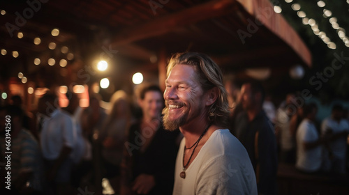 smiling man with a beard and long hair is standing in a crowd of people, party or social gathering. enjoying himself and is surrounded by other people 
