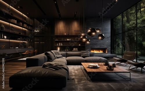 3d render of dark interior living room