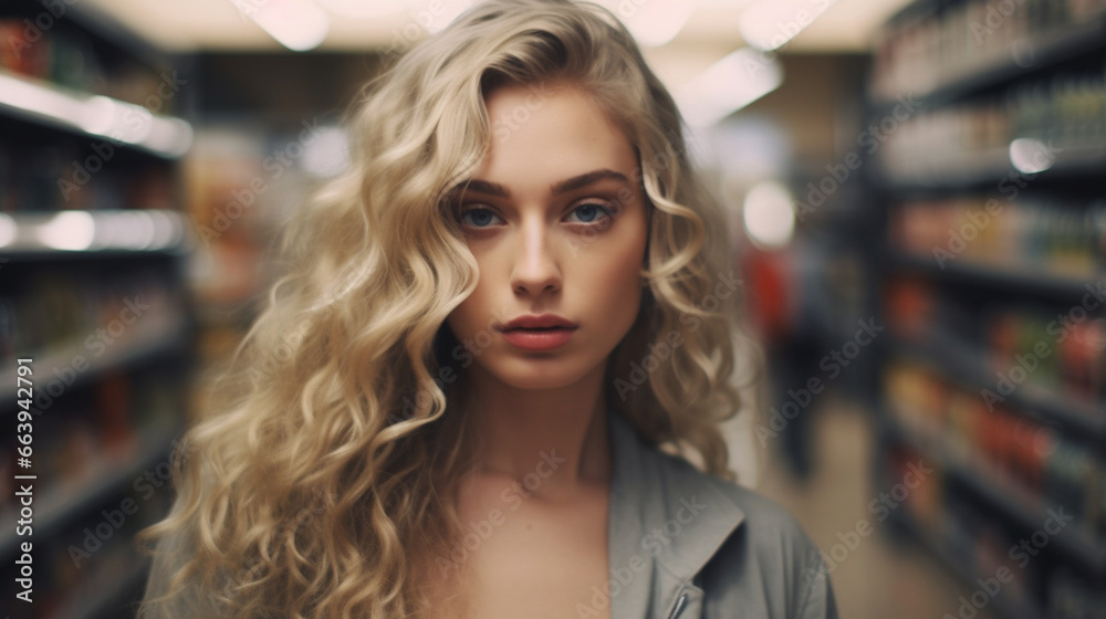 The image features a woman with long, curly blonde hair, standing in an aisle of a grocery store.