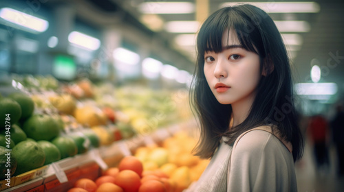 woman standing in front of a fruit stand, surrounded by a variety of fruits such as apples, oranges, and bananas. She appears to be looking at the camera.  © wetzkaz
