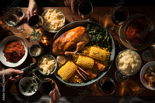 Top view of family having thanksgiving dinner on wooden table with turkey